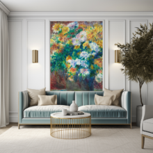 Jitterbug's wallpaper mural, Pierre-Auguste Renoir's painting, Chrysanthemums, hangs on the wall of a living room.