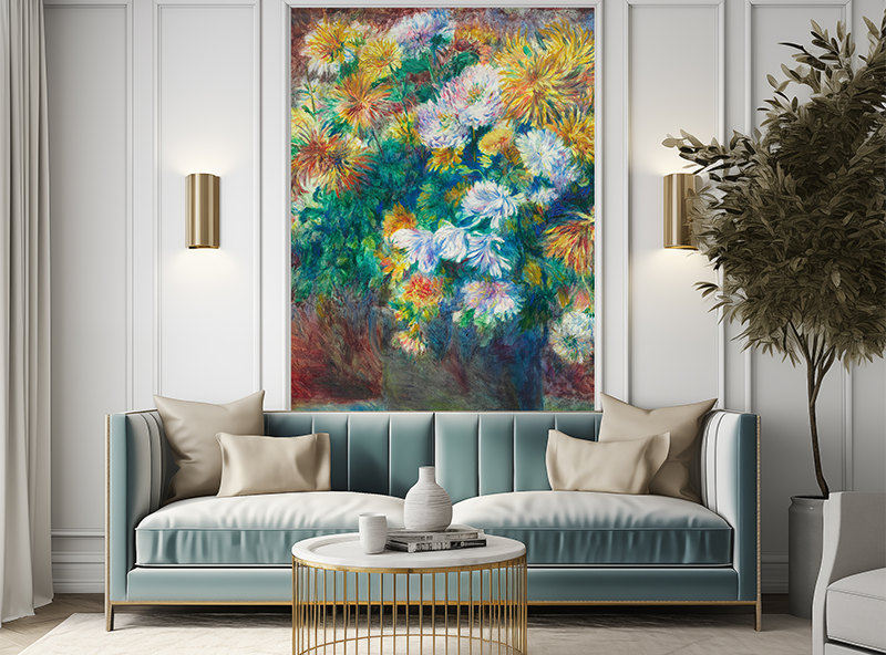 Jitterbug's wallpaper mural, Pierre-Auguste Renoir's painting, Chrysanthemums, hangs on the wall of a living room.