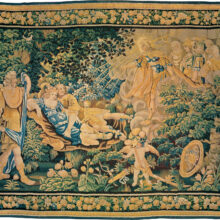 17th c. French tapestry, Apollo Exposing Mars and Venus to the Ridicule of the Olympians.