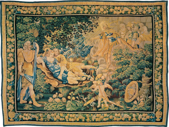 17th c. French tapestry, Apollo Exposing Mars and Venus to the Ridicule of the Olympians.