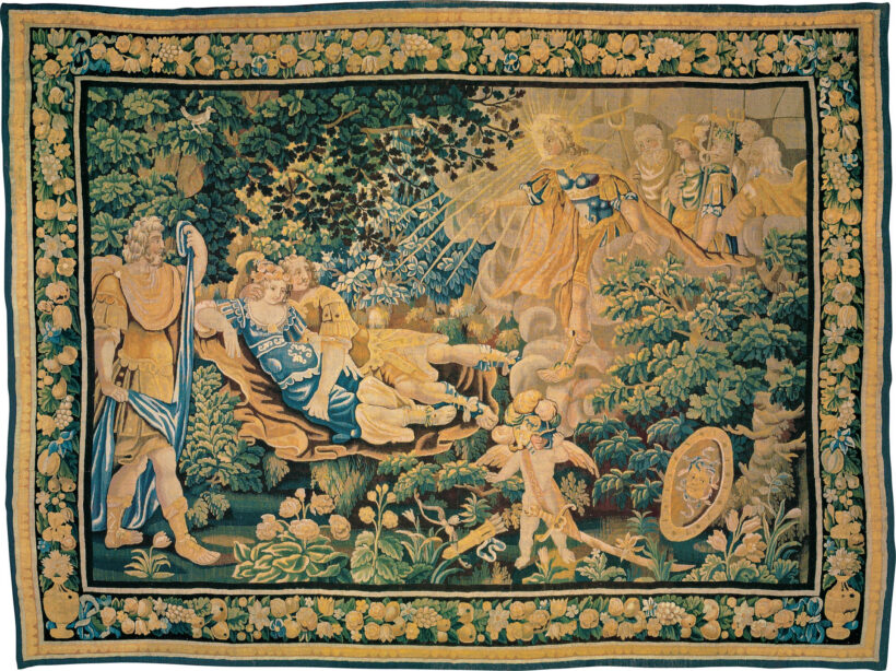 17th c. French tapestry, Apollo Exposing Mars and Venus to the Ridicule of the Olympians.