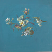 MUN-107 French drawing of small white flowers with a blue background.