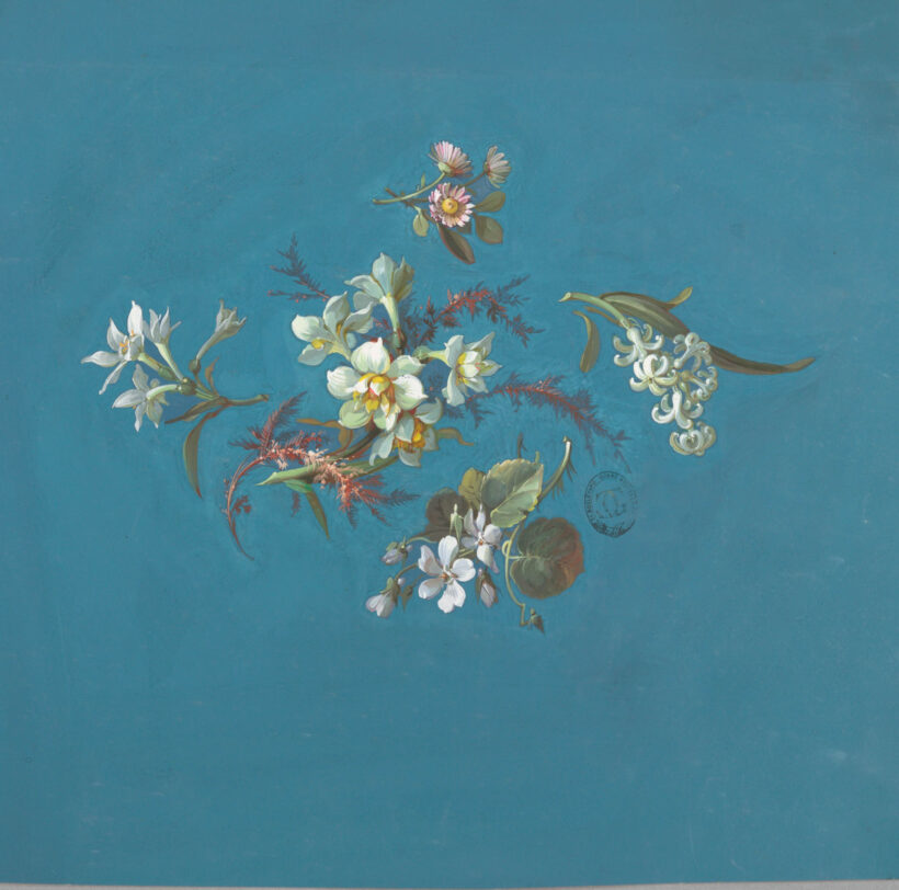 MUN-107 French drawing of small white flowers with a blue background.