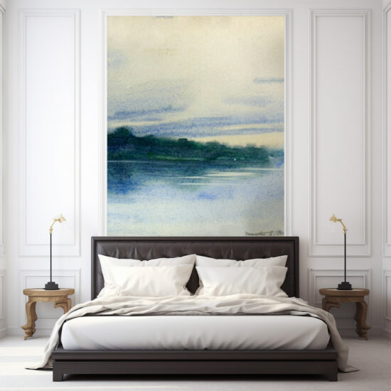 Jitterbug's wallpaper mural of Martha Susan Baker's watercolor painting, Twilight, hangs on the wall in a bedroom.