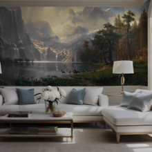 Jitterbug's wallpaper mural of Albert Bierstadt's painting, Among the Sierra Nevada, California, hangs on the wall of a living room.