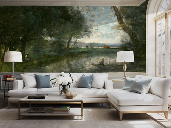 Jitterbug's wallpaper mural of Jean-Baptiste-Camille Corot's painting, Landscape, hangs on the wall of a living room.
