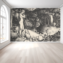 Jitterbug's wallpaper mural of Edward Calvert's block print, Ideal Pastoral Life hangs in an open room with a large window on the left.