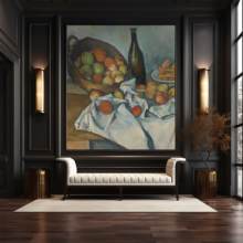 Jitterbug's wallpaper mural of Paul Cezanne's painting, A Basket of Apples, hangs on the wall of a black room with a white sofa.