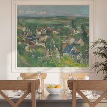 Jitterbug's wallpaper Mural of Paul Cezanne's painting, Auvers, Panoramic View, hangs on the wall of a dining area.