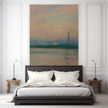 MCL-102 mockup Jitterbug's wallpaper mural of Walter Clark's pastel drawing, Landscape, hangs on the wall of a bedroom.