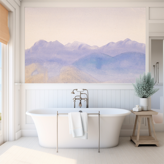 Jitterbug’s wallpaper mural of Arthur B. Davis painting, Blue Mist hangs on the wall above a bathtub.