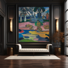 Jitterbug's wallpaper mural of Paul Gauguin's painting, Mahana no atua (Day of the God), hangs on the wall of a black room with a white sofa.