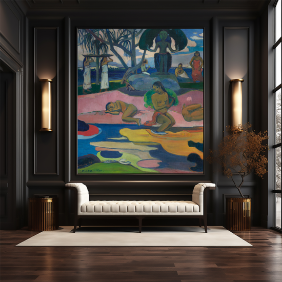 Jitterbug's wallpaper mural of Paul Gauguin's painting, Mahana no atua (Day of the God), hangs on the wall of a black room with a white sofa.