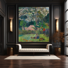 Jitterbug's wallpaper mural of Paul Gauguin's painting, Te raau rahi (The Big Tree) hung in a black room over a white sofa.
