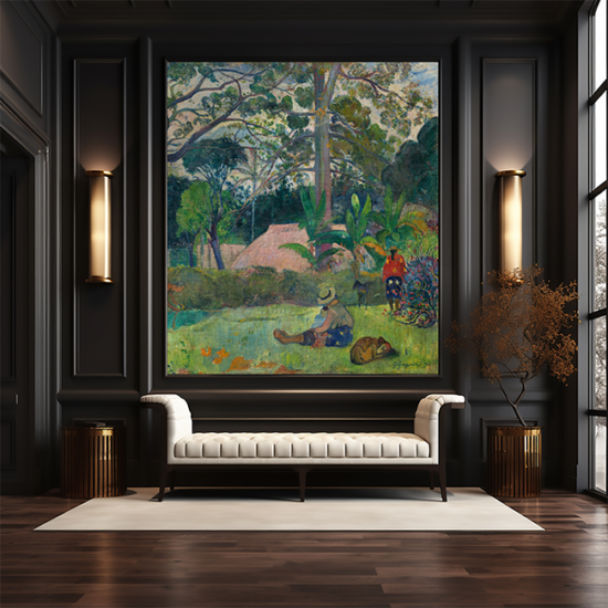 Jitterbug's wallpaper mural of Paul Gauguin's painting, Te raau rahi (The Big Tree) hung in a black room over a white sofa.