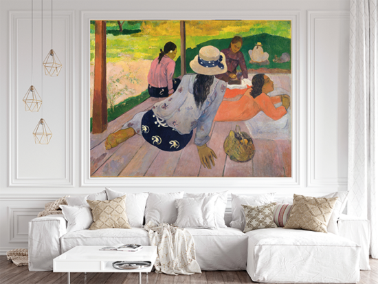 Jitterbug’s wallpaper mural of Siesta by Paul Gauguin hangs on the wall of a living room