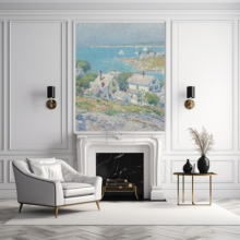 Jitterbug's wallpaper mural of Chide Haasam's painting, New England Headlands, hangs over a fireplace in a white living room.