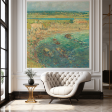 Jitterbug’s wallpaper mural of Bailey’s Beach by Childe Haasam hun in a sitting area.
