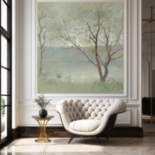 Jitterbug's wallpaper mural of William Stanley Haseltines' Übersee, Traunstein, Bavaria hangs in a sitting area with a white chair.