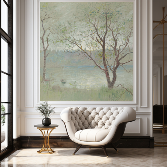 Jitterbug's wallpaper mural of William Stanley Haseltines' Übersee, Traunstein, Bavaria hangs in a sitting area with a white chair.