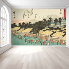 Jitterbug's wallpaper mural of Utagawa Hiroshige's block print, Hamamatsu, from the series “Fifty-three Stations of the Tokaido (Tokaido gojusan tsugi),” also known as the Tokaido with Poem, hangs on the wall of a large room.