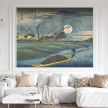 Jitterbug's wallpaper mural of Utagawa Hiroshige's block print, Senba Station, hangs on the wall of a white living room.