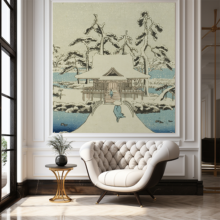 Jitterbug’s wallpaper mural of Utagawa Hiroshige's block print of Snow at Benzaiten Shrine in Inokashira Pond (Inokashira no ike Benzaiten no yashiro yuki no kei) hangs on the wall of a sitting area.