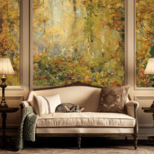 Jitterbug's walllpaper mural of William Henry Holme's painting, Autumn Tangle hangs on a living room wall.