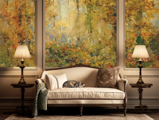 Jitterbug's walllpaper mural of William Henry Holme's painting, Autumn Tangle hangs on a living room wall.