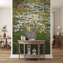 Jitterbug's wallpaper mural of William Henry Holme's painting, Blossoms, hangs on a wall of a modern living area.