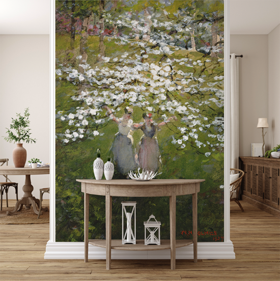 Jitterbug's wallpaper mural of William Henry Holme's painting, Blossoms, hangs on a wall of a modern living area.