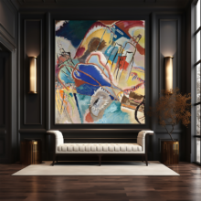 Jitterbug's wallpaper mural of Vasily Kandinsky's painting, Improvisation No. 30 (Cannons), hangs on a black room with a white sofa.