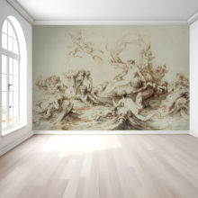 Jitterbug's wallpaper mural of André Lebrun's drawing, The Triumph of Venus, hangs on the wall of a large room.