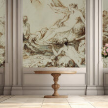 Jitterbug's wallpaper mural of André Lebrun's drawing, The Triumph of Venus, hangs on the wall of a large room.