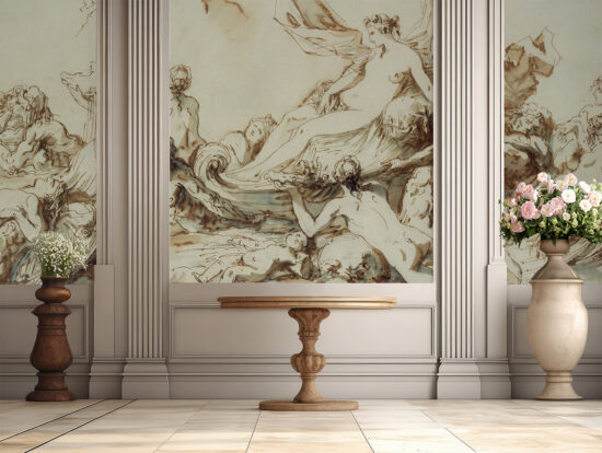 Jitterbug's wallpaper mural of André Lebrun's drawing, The Triumph of Venus, hangs on the wall of a large room.