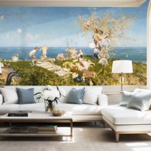 Jitterbug's wallpaper mural of Francesco Paolo Michetti's Springtime in Love hangs in a living area.