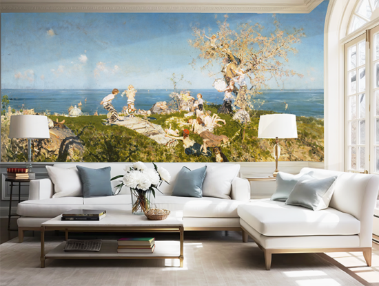Jitterbug's wallpaper mural of Francesco Paolo Michetti's Springtime in Love hangs in a living area.