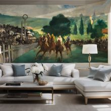 Jitterbug's wallpaper mural of Édouard Manet's painting, The Races at Longchamp hangs on the wall in a living room.