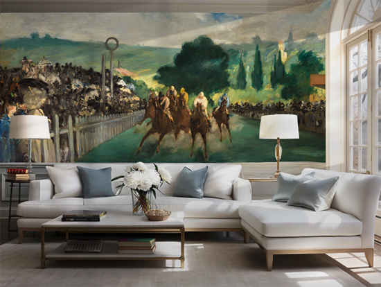 Jitterbug's wallpaper mural of Édouard Manet's painting, The Races at Longchamp hangs on the wall in a living room.