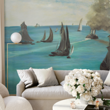 Jitterbug's wallpaper mural of Édouard Manet's painting, Sea View, Calm Weather (Vue de mer, temps calme), hangs in a living room.
