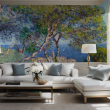Jitterbug's wallpaper mural of Claude Monet's painting, Bordighera, hangs on the wall of a living room.