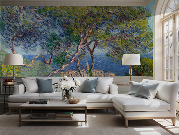 MMO-100 mockup Jitterbug's wallpaper mural of Claude Monet's painting, Bordighera, hangs on the wall of a living room.