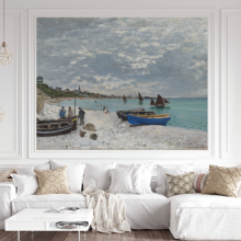 Jitterbug's wallpaper mural of Claude Monet's painting, The Beach at Sainte-Adresse, hangs on the wall of a living area.