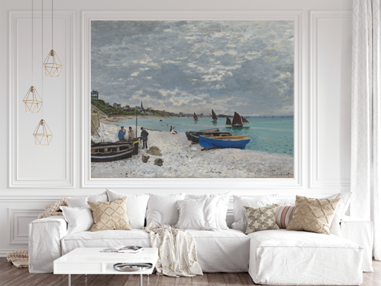 Jitterbug's wallpaper mural of Claude Monet's painting, The Beach at Sainte-Adresse, hangs on the wall of a living area.