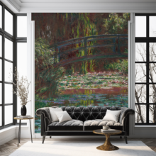 MMO-102 mockup Jitterbug's wallpaper mural of Claude Monet's painting, Water Lily Pond, hangs in a room behind a sofa.