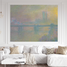 Jitterbug's wallpaper mural of Claude Monet's painting, Charing Cross Bridge, London, hangs on the wall of a living room.