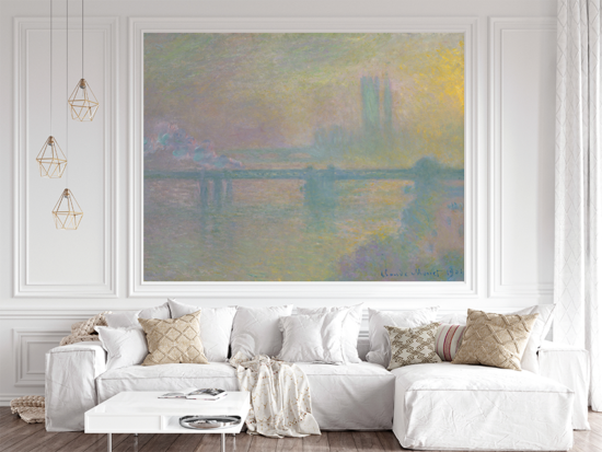 Jitterbug's wallpaper mural of Claude Monet's painting, Charing Cross Bridge, London, hangs on the wall of a living room.