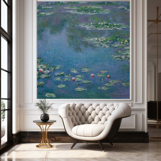 Jitterbug's wallpaper mural of Claude Monet's painting, Water Lilies, hangs on the wall of a living area.