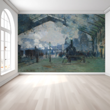 Jitterbug's wallpaper mural of Claude Monet's painting, Arrival of the Normandy Train, Gare Saint-Lazare, hangs on the wall of a large room.