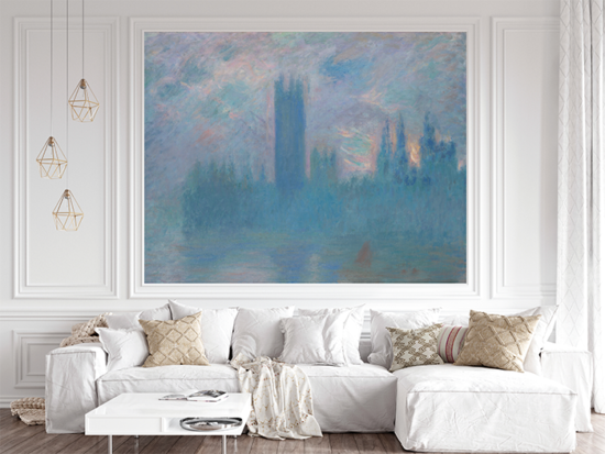 Jitterbug's wallpaper mural of Claude Monet's painting, Houses of Parliament, London, hangs on the wall of a room with a white sofa.